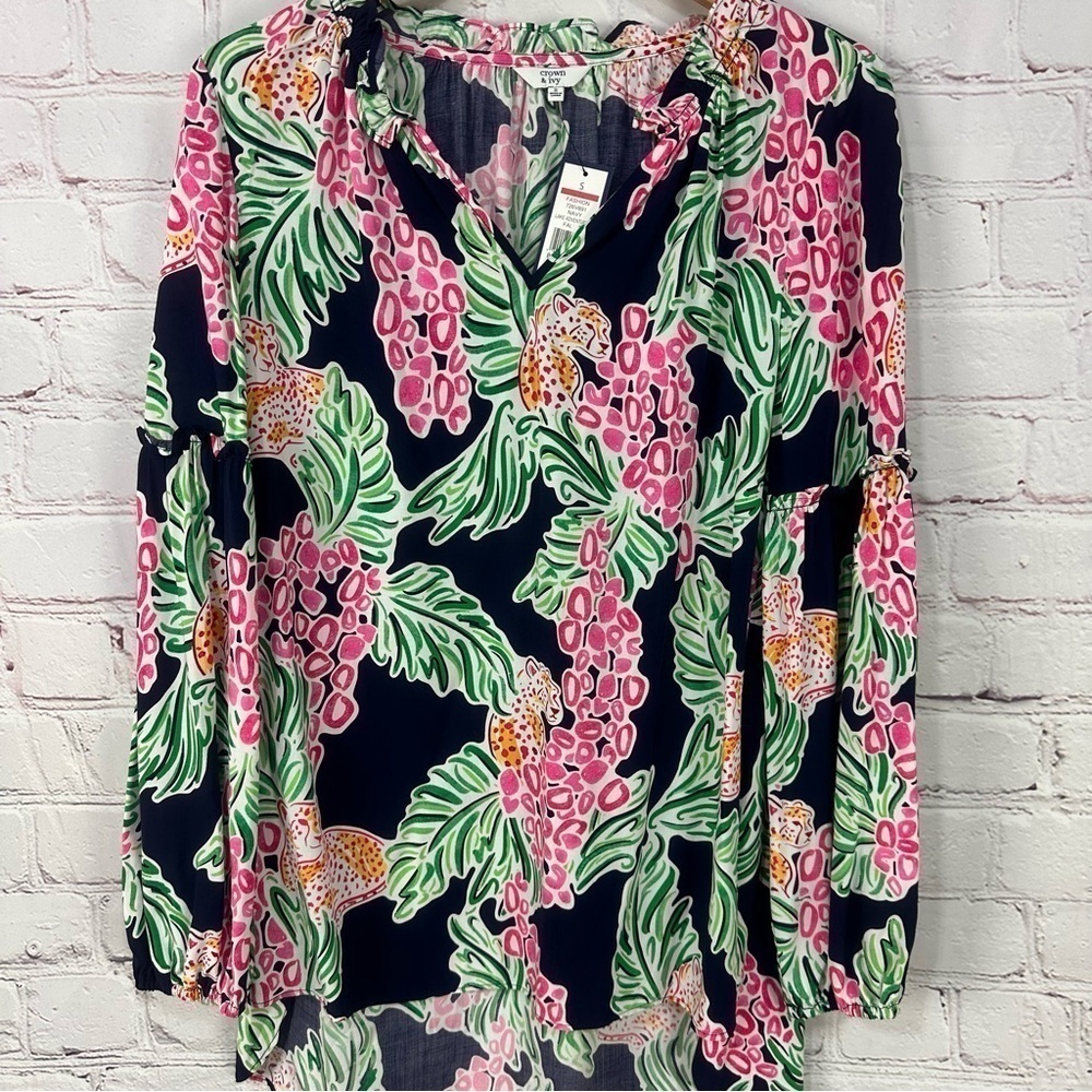 Women’s tropical shirt top blouse tunic size small beach vacay floral blue pink